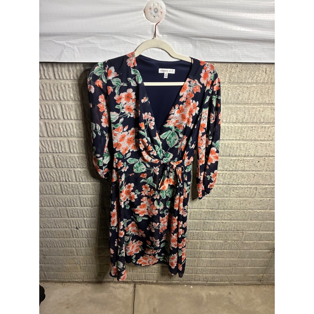 Robbie Bee Navy Floral Print Wrap Dress Size 10 Midi Knee Length